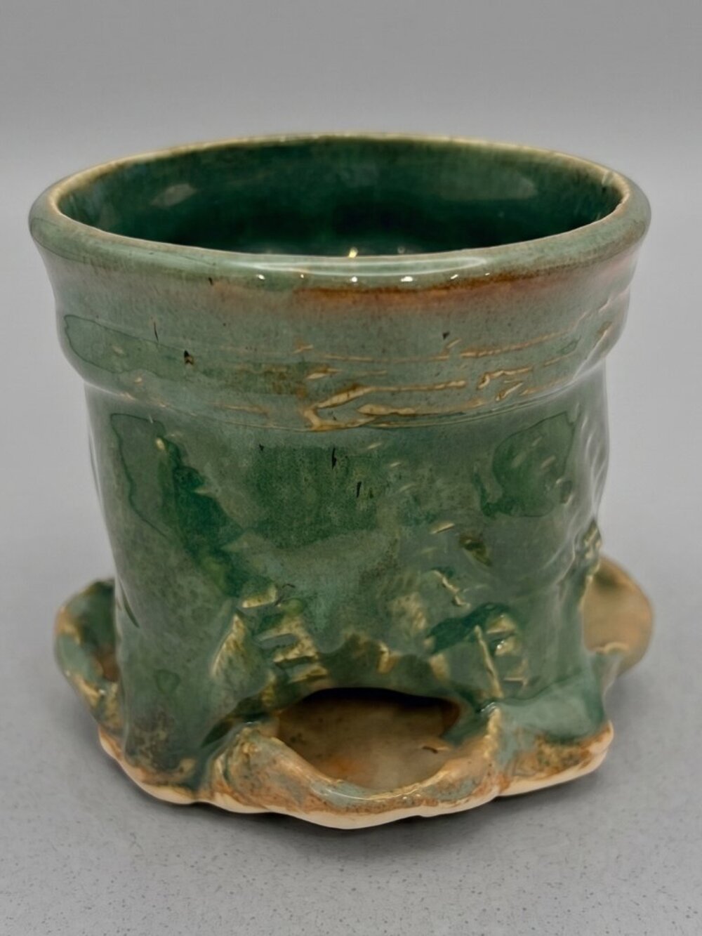 Signed MF Handmade Green Glazed Ceramic Planter Rustic Footed Studio Pottery 4.5